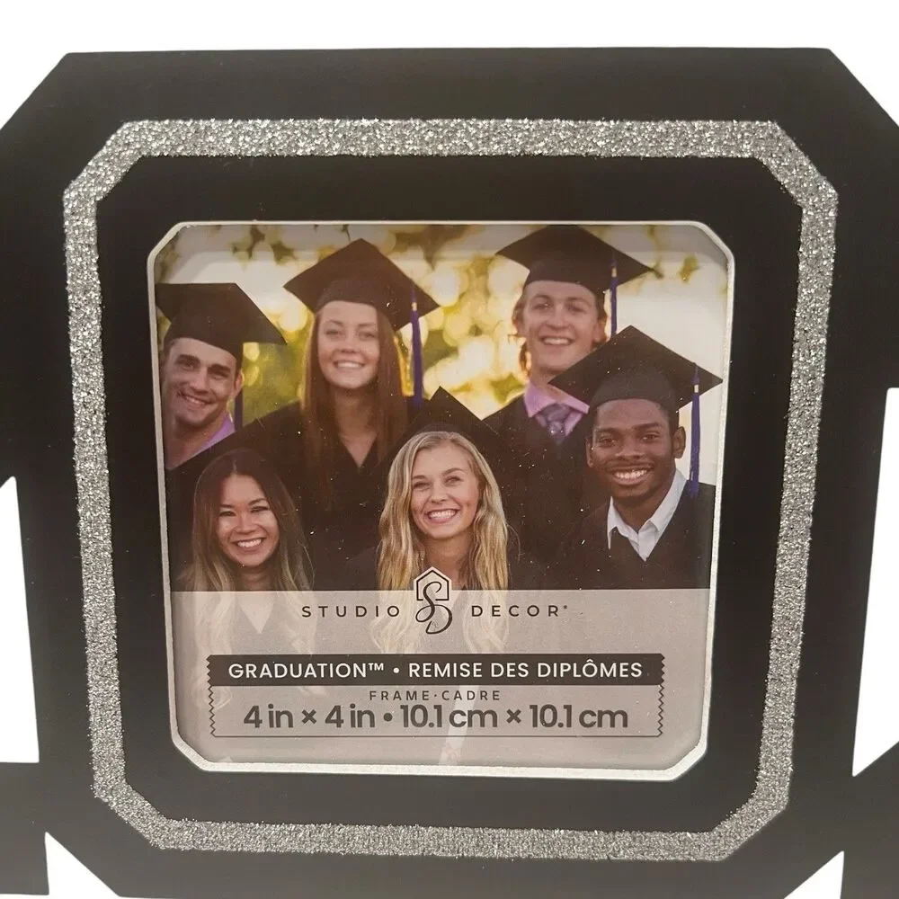 Studio Decor Photo Frame 4x4 Glitter Year Display Black Silver Minimalist Shelf